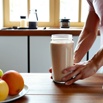 **

A person with a busy schedule quickly preparing a meal replacement shake in their kitchen before heading out the door, showing the convenience aspect. Focus on healthy ingredients like fruits and protein powder.

**