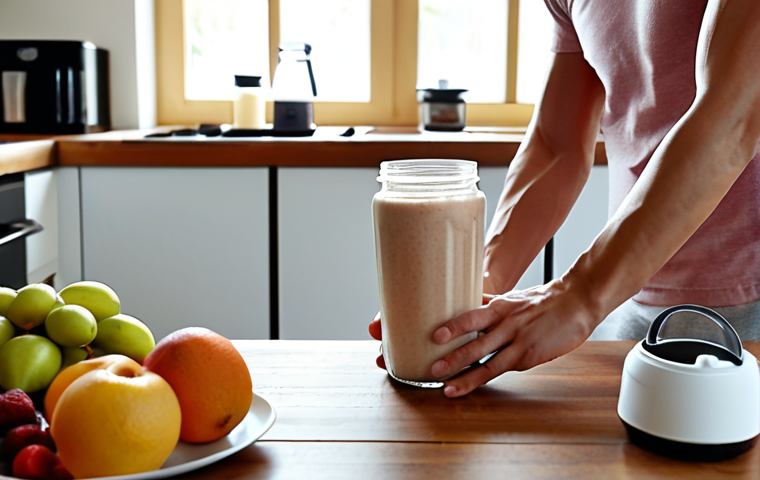 **
A person with a busy schedule quickly preparing a meal replacement shake in their kitchen before heading out the door, showing the convenience aspect. Focus on healthy ingredients like fruits and protein powder.
**