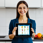 **

A Turkish woman, fully clothed in business casual attire, smiling and holding a tablet displaying a personalized nutrition plan in Turkish. She is in a bright, modern kitchen with fresh fruits and vegetables visible. "Safe for work", "appropriate content", "fully clothed", "professional", "modest", "family-friendly", perfect anatomy, correct proportions, natural pose, well-formed hands, proper finger count, natural body proportions, high quality.

**