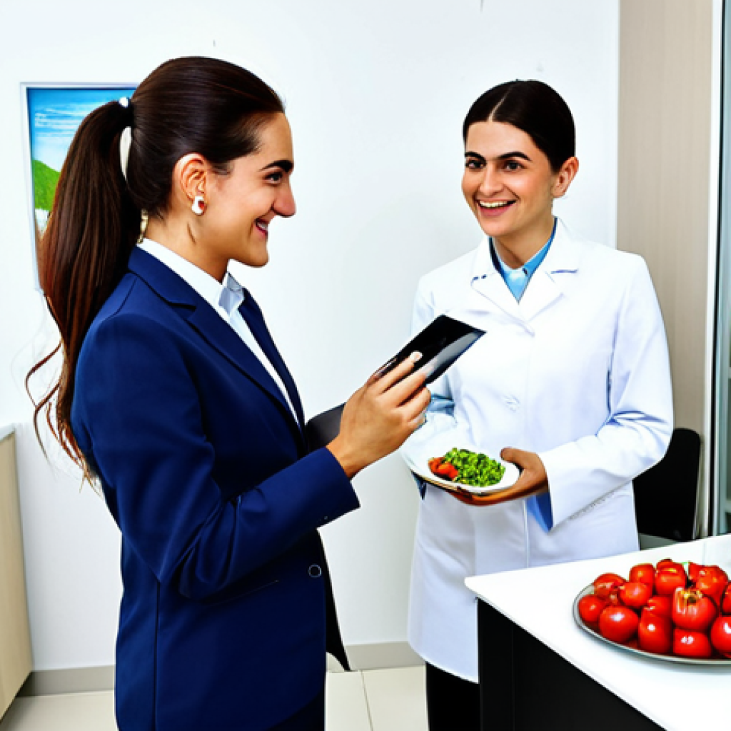 맞춤형 영양으로 면역력 높이기 - **

A cheerful dietician, fully clothed in professional attire, advising a young Turkish woman in a ...