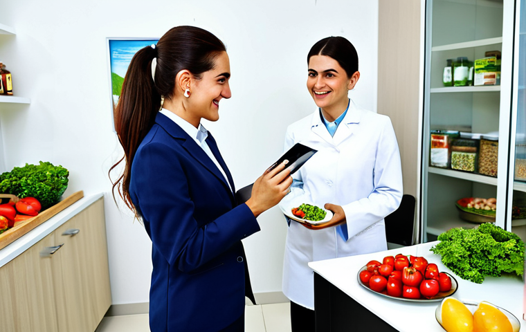 맞춤형 영양으로 면역력 높이기 - **

A cheerful dietician, fully clothed in professional attire, advising a young Turkish woman in a ...