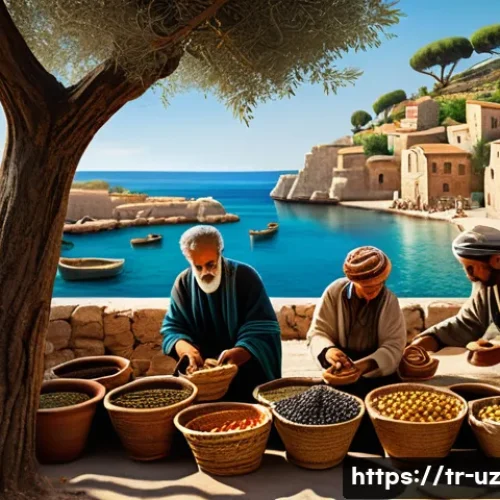 Home 33 맞춤형 영양의 역사적 배경 - An ancient Mediterranean market scene illustrating diverse dietary habits: people in traditional anc...