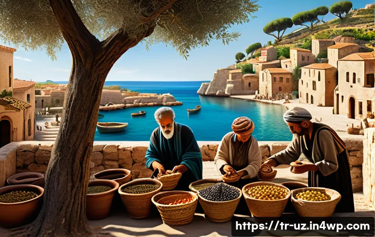 맞춤형 영양의 역사적 배경 - An ancient Mediterranean market scene illustrating diverse dietary habits: people in traditional anc...