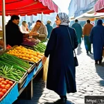 Home 18 식습관 변화와 맞춤형 영양의 중요성 - A vibrant Turkish marketplace scene featuring a middle-aged woman thoughtfully selecting fresh organ...