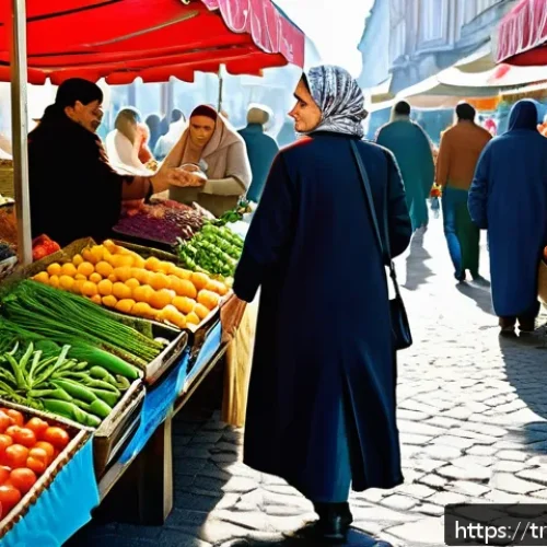 Home 30 식습관 변화와 맞춤형 영양의 중요성 - A vibrant Turkish marketplace scene featuring a middle-aged woman thoughtfully selecting fresh organ...
