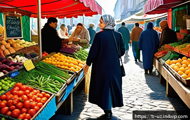식습관 변화와 맞춤형 영양의 중요성 - A vibrant Turkish marketplace scene featuring a middle-aged woman thoughtfully selecting fresh organ...