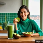 Home 23 맞춤형 영양과 그린 스무디 - A vibrant, fresh green smoothie scene featuring a Turkish woman in her mid-30s enjoying a glass of s...