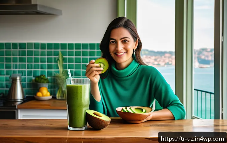 맞춤형 영양과 그린 스무디 - A vibrant, fresh green smoothie scene featuring a Turkish woman in her mid-30s enjoying a glass of s...