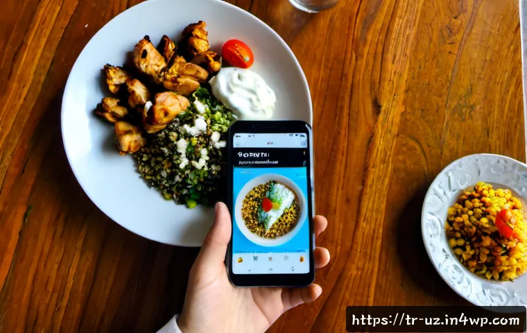 식사 기록과 맞춤형 영양 분석 - Photorealistic overhead scene of a Turkish young professional recording a healthy lunch in a smartph...
