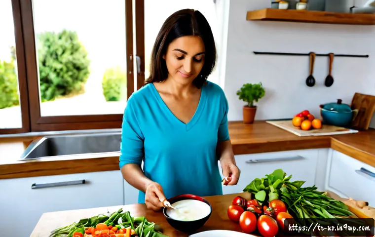 Home 17 맞춤형 영양 관리로 더 나은 삶 만들기 - Photorealistic healthy lifestyle scene in a bright modern Turkish home kitchen, a middle-aged Turkis...